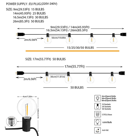 Luces de Guirnalda LED G40 para Exterior KIKIELF - Blanco Calido, Impermeables IP44, 110V-220V