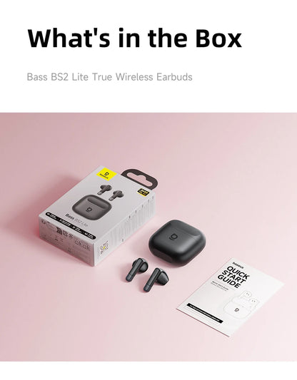 Audífonos Baseus Bass BS2 Lite TWS — Bluetooth 6.0, IP55, 40H, ENC IA