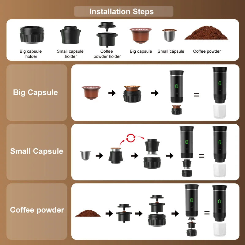 Cafetera Espresso portátil  inalámbrica para coche cápsula 3 en 1