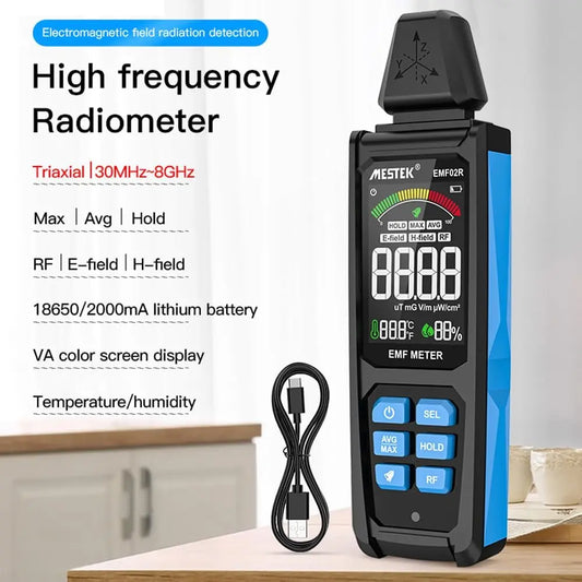 Detector de Radiación Electromagnética EMF — 30MHz-8GHz, Pantalla Color, Temp y Humedad
