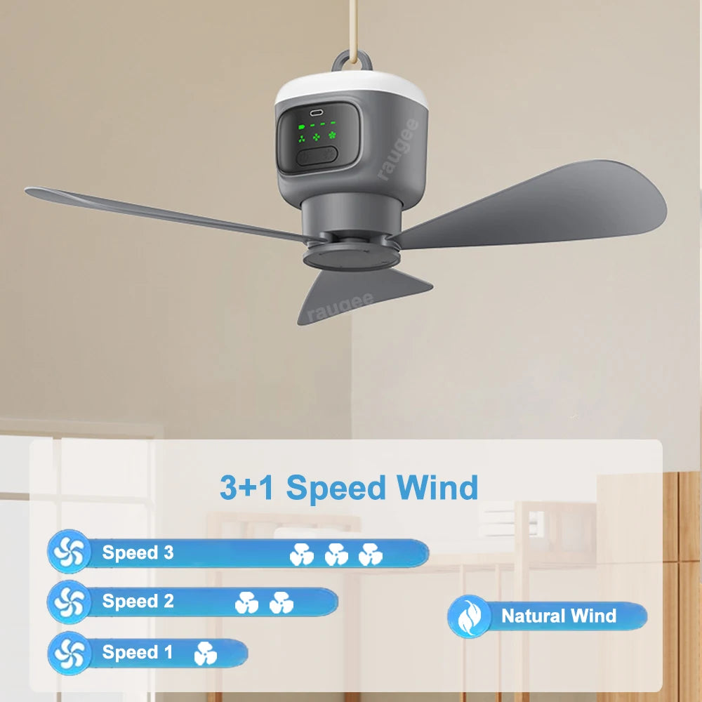 Ventilador de Techo Portátil 12000mAh — Recargable, LED, Control Remoto, Camping