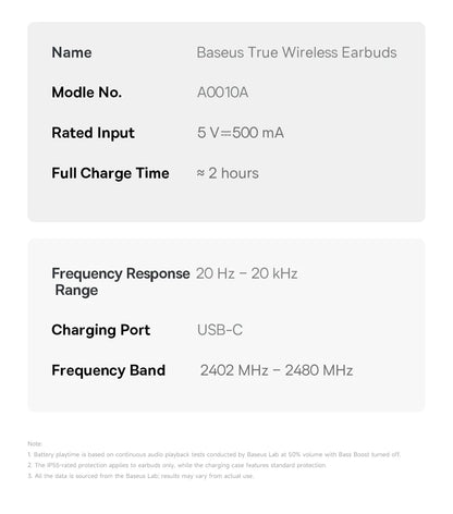 Audífonos Baseus Bass BS2 Lite TWS — Bluetooth 6.0, IP55, 40H, ENC IA