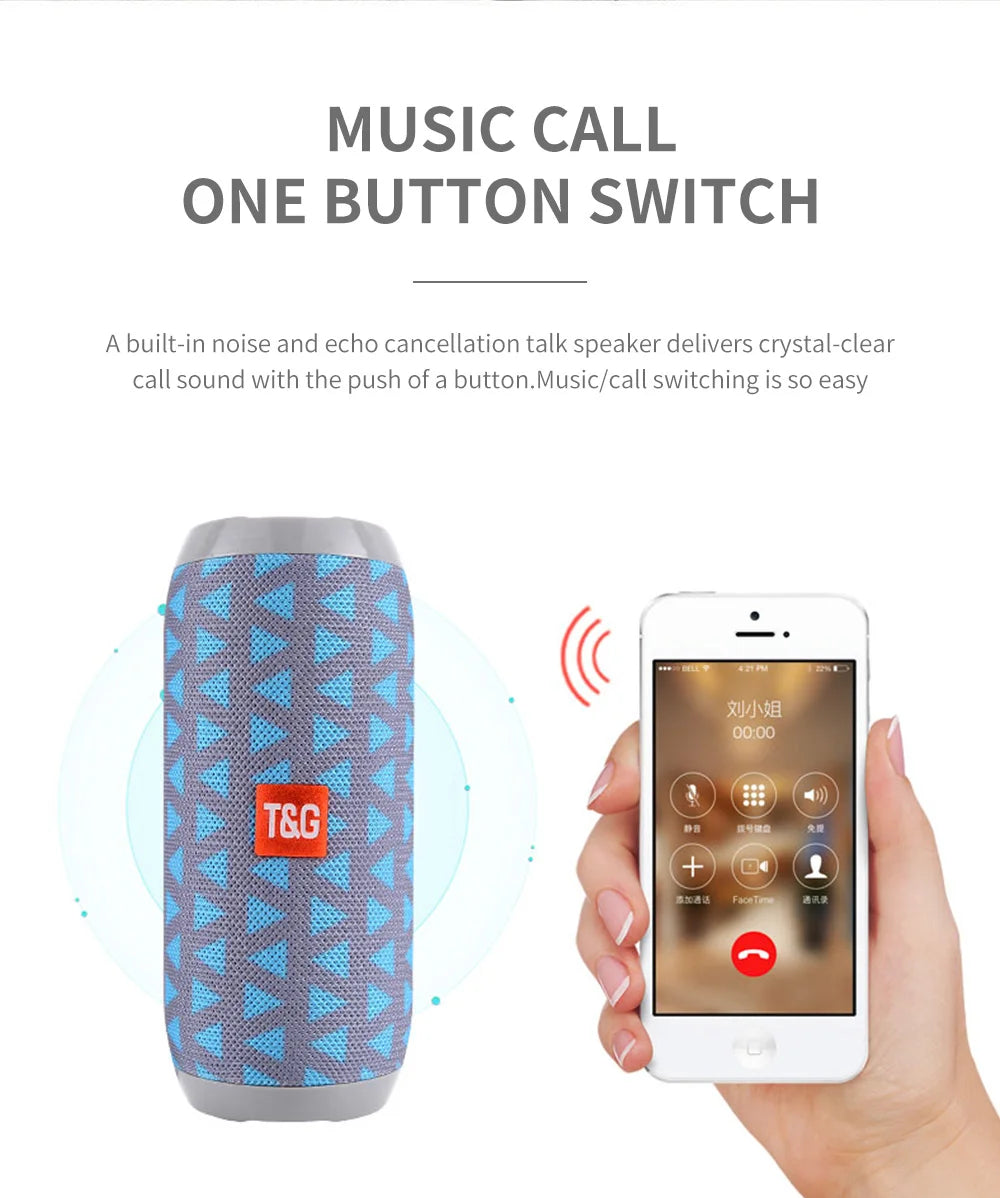 Bocina Bluetooth Portátil T&G TG117 – TWS, Resistente al Agua IPX5, Radio FM, Lector TF