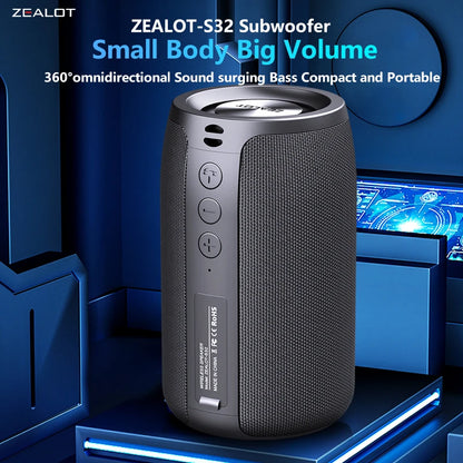Bocina Bluetooth Portátil ZEALOT S32 – Subwoofer Inalámbrico, Resistente al Agua IPX6, Batería 1800mAh