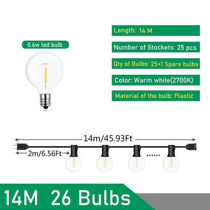 Luces de Guirnalda LED G40 para Exterior KIKIELF - Blanco Calido, Impermeables IP44, 110V-220V
