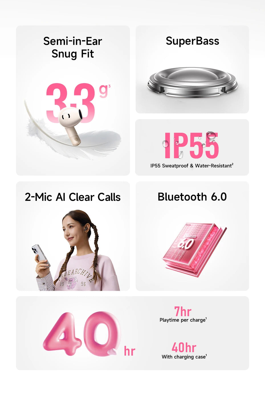 Audífonos Baseus Bass BS2 Lite TWS — Bluetooth 6.0, IP55, 40H, ENC IA