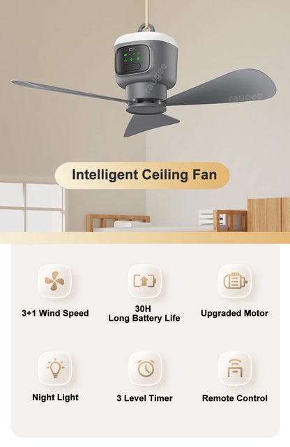 Ventilador de Techo Portátil 12000mAh — Recargable, LED, Control Remoto, Camping