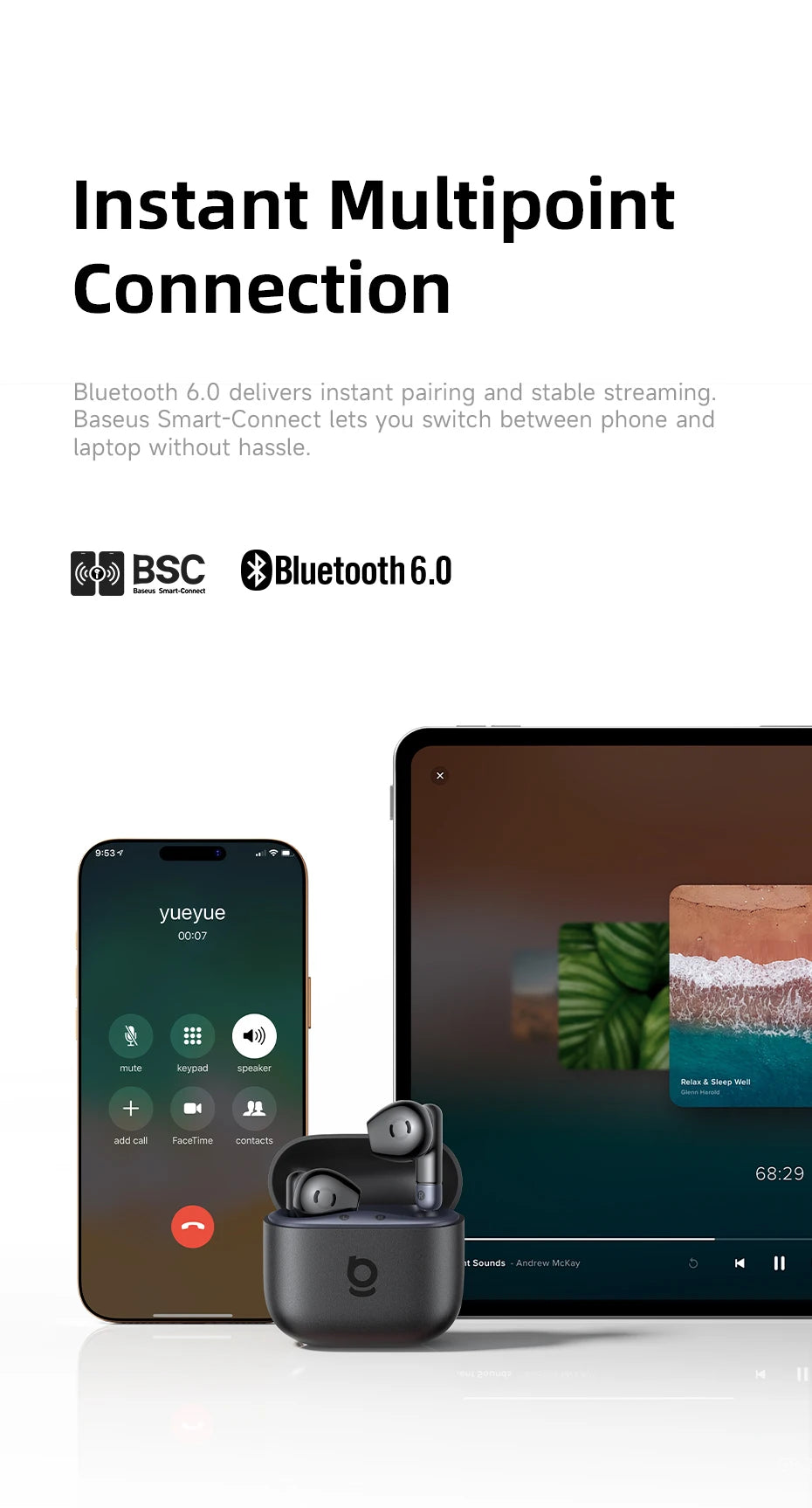 Audífonos Baseus Bass BS2 Lite TWS — Bluetooth 6.0, IP55, 40H, ENC IA