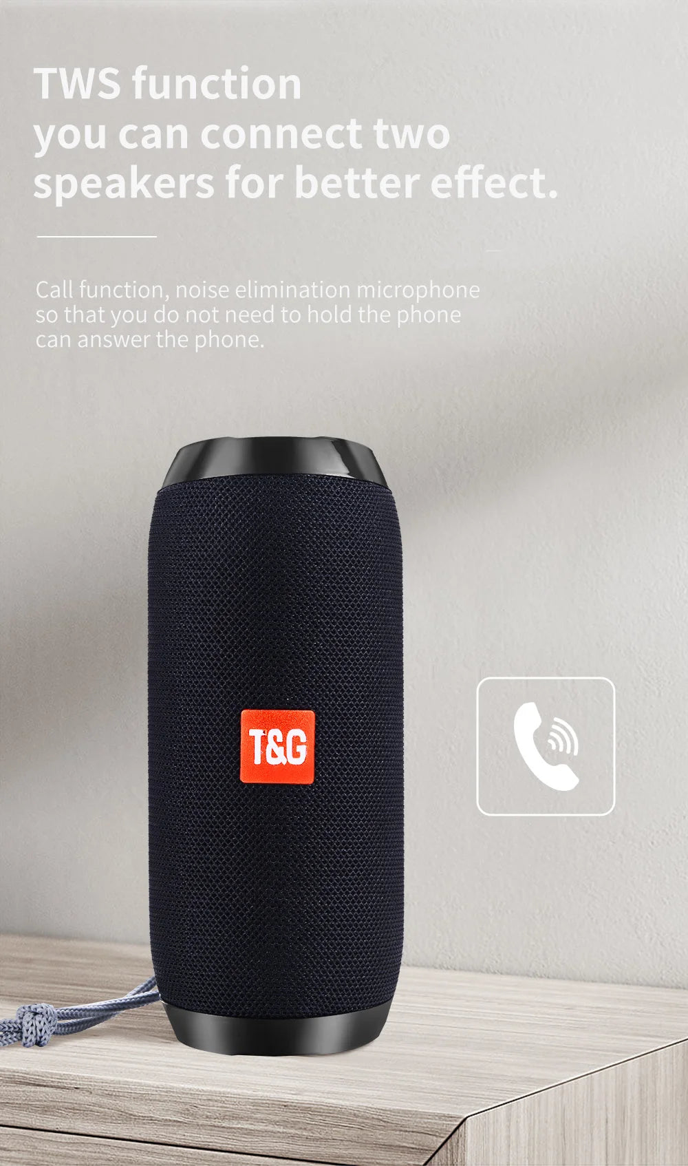 Bocina Bluetooth Portátil T&G TG117 – TWS, Resistente al Agua IPX5, Radio FM, Lector TF