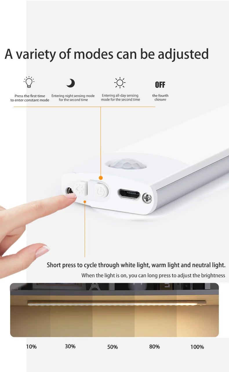 LED Bar Light Motion Sensor USB Rechargeable Led Night Light for Kitchen Wardrobe Cabinet Lighting 30cm/40cm/50cm Cabinet Light