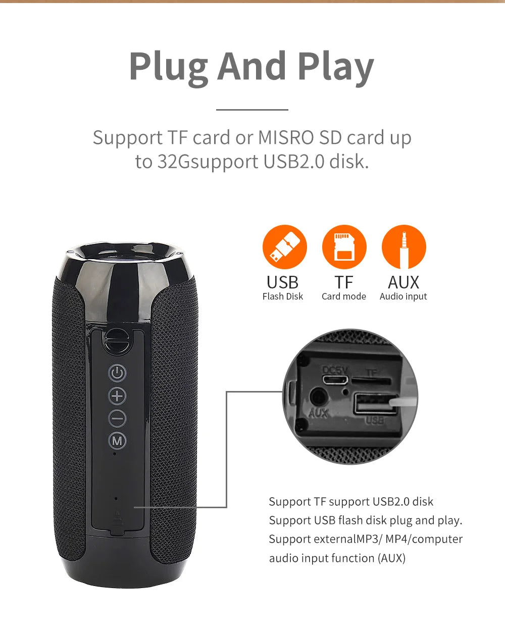 Bocina Bluetooth Portátil T&G TG117 – TWS, Resistente al Agua IPX5, Radio FM, Lector TF