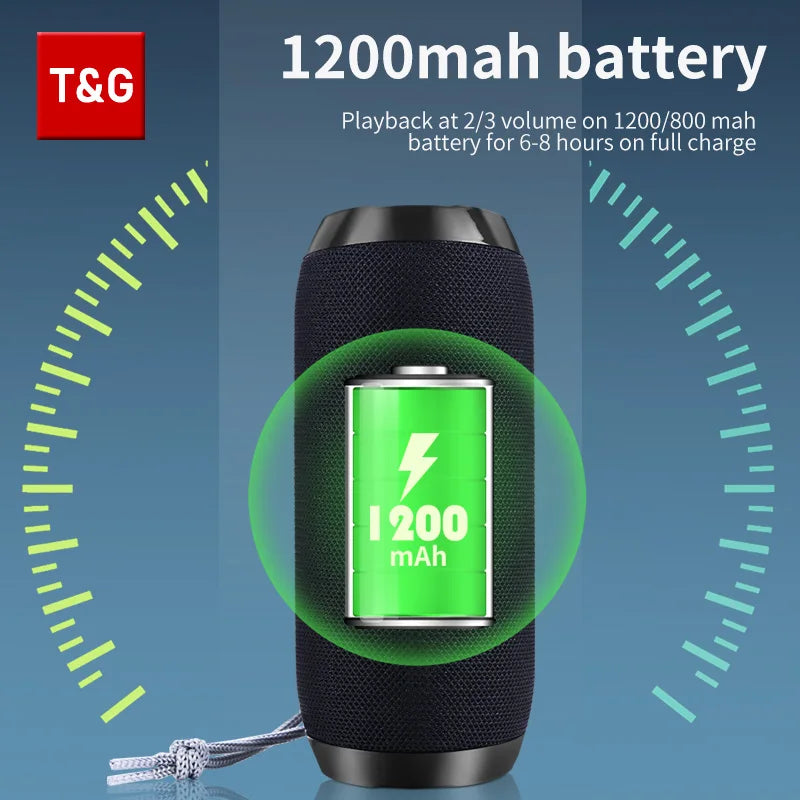 Bocina Bluetooth Portátil T&G TG117 – TWS, Resistente al Agua IPX5, Radio FM, Lector TF