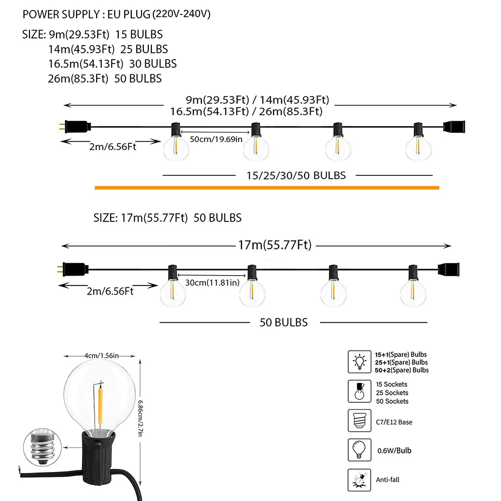 Luces de Guirnalda LED G40 para Exterior KIKIELF - Blanco Calido, Impermeables IP44, 110V-220V