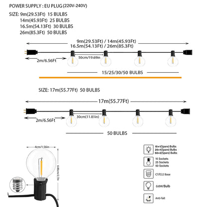 Luces de Guirnalda LED G40 para Exterior KIKIELF - Blanco Calido, Impermeables IP44, 110V-220V