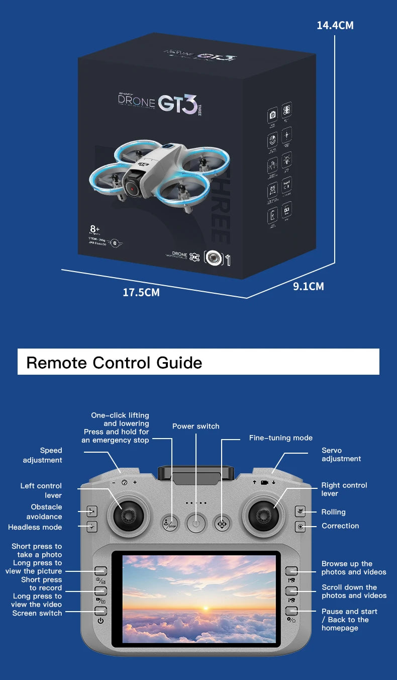 GT3 Mini Drone Brushle Quadcopter RC Drone with Professional 8K Dual Camera FPV Screen Remote Control Foldable Airplane Toy Gift