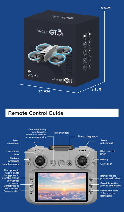 GT3 Mini Drone Brushle Quadcopter RC Drone with Professional 8K Dual Camera FPV Screen Remote Control Foldable Airplane Toy Gift