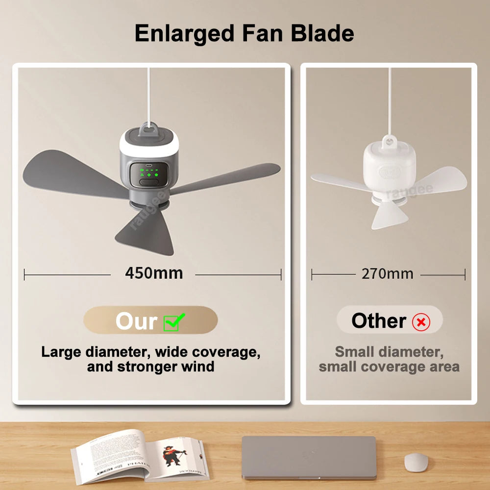 Ventilador de Techo Portátil 12000mAh — Recargable, LED, Control Remoto, Camping