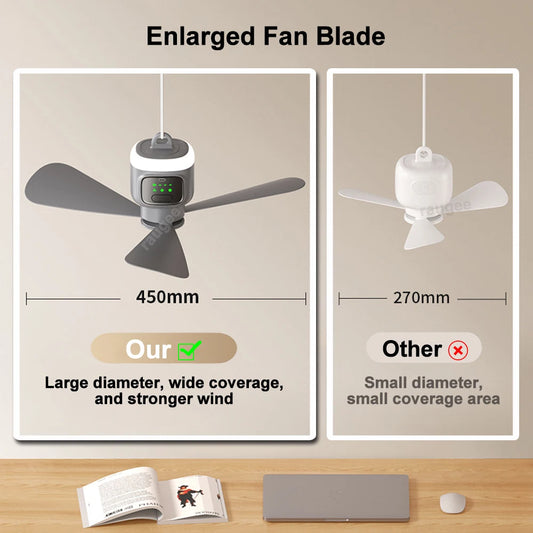 Ventilador de Techo Portátil 12000mAh — Recargable, LED, Control Remoto, Camping