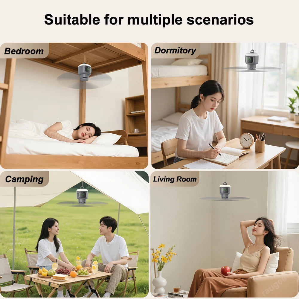 Ventilador de Techo Portátil 12000mAh — Recargable, LED, Control Remoto, Camping