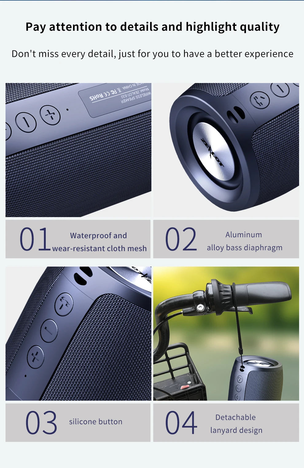 Bocina Bluetooth Portátil ZEALOT S32 – Subwoofer Inalámbrico, Resistente al Agua IPX6, Batería 1800mAh