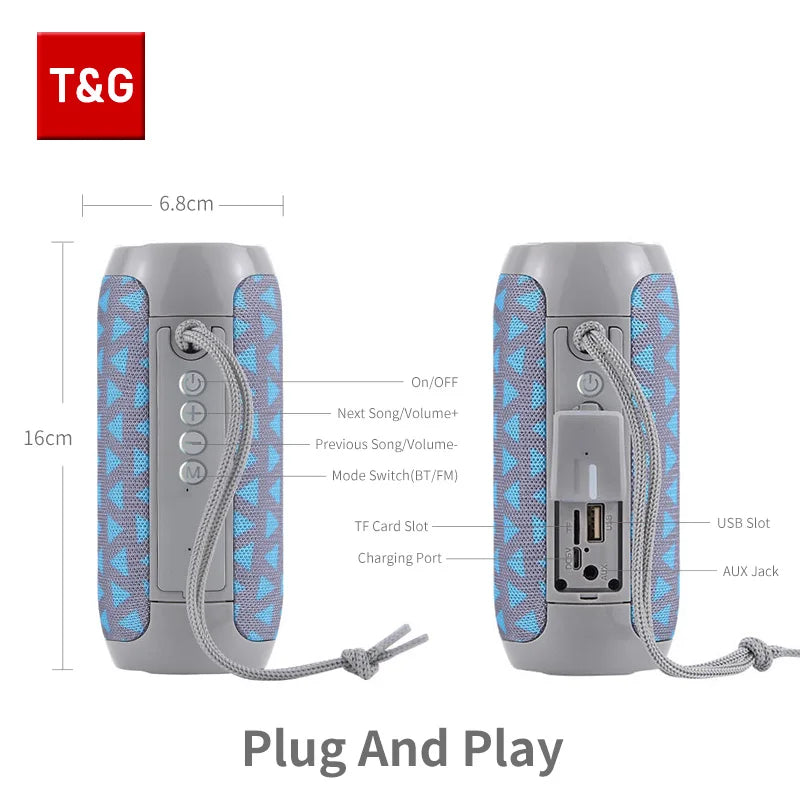 Bocina Bluetooth Portátil T&G TG117 – TWS, Resistente al Agua IPX5, Radio FM, Lector TF